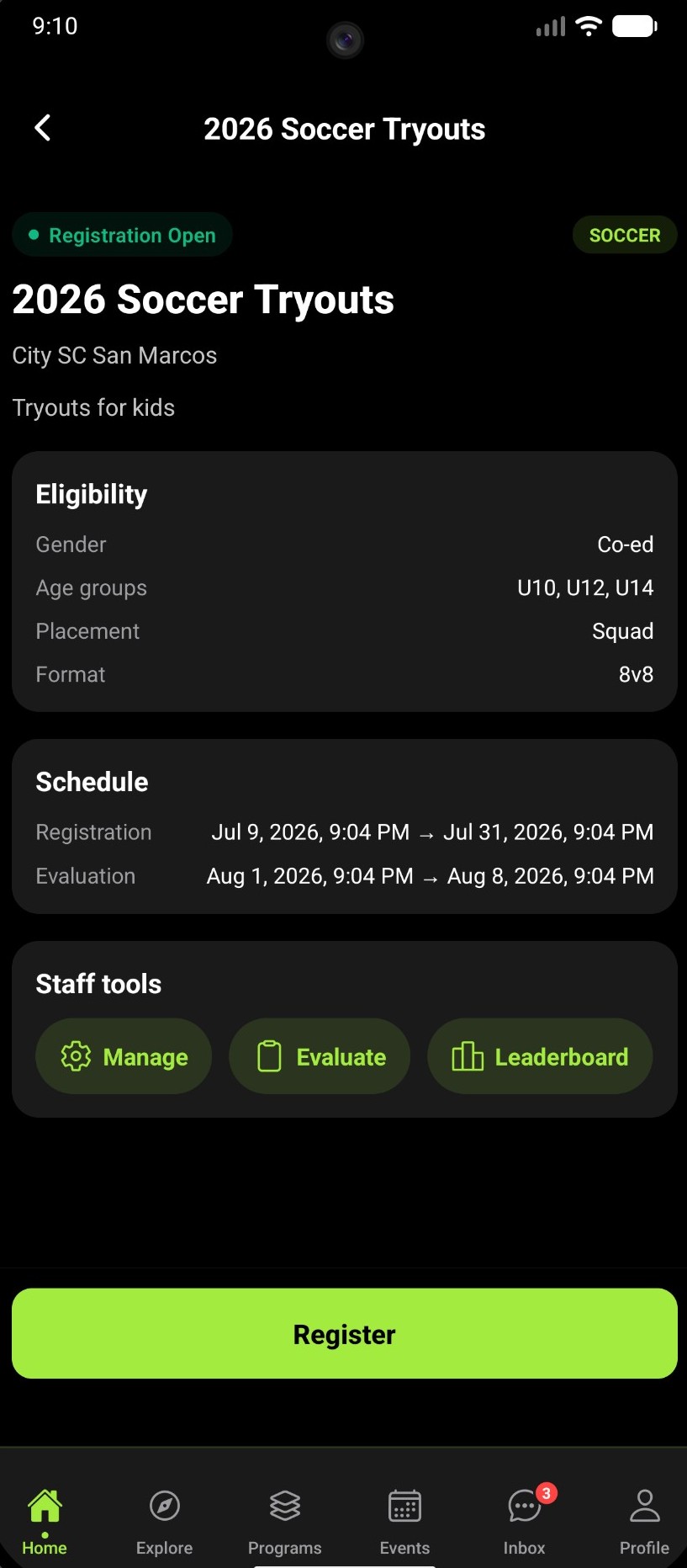 Sport Loop tryouts listing
